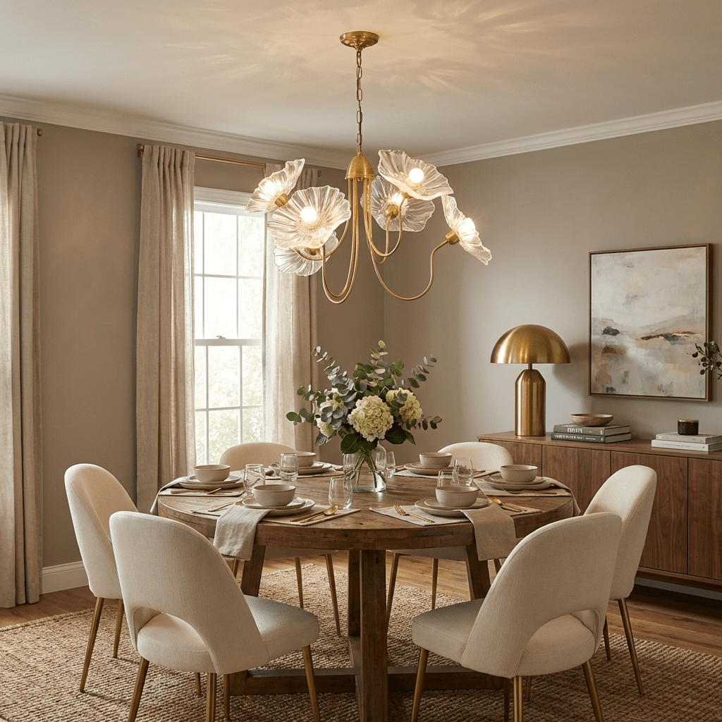 Chandelier, Frosted Leaf Glass Shades, Gold Frame, E27