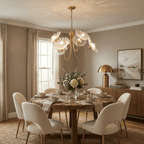 Chandelier, Frosted Leaf Glass Shades, Gold Frame, E27