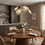 Chandelier, Frosted Leaf Glass Shades, Gold Frame, E27