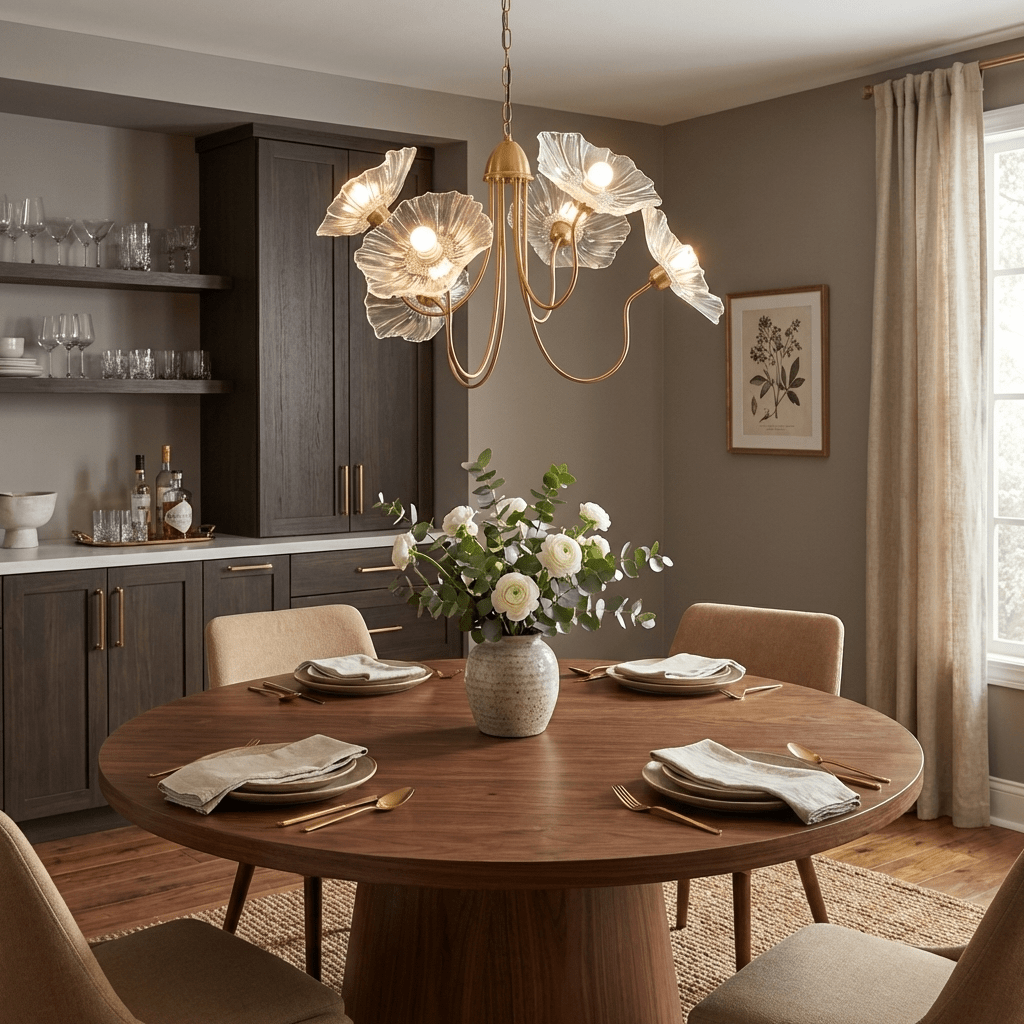 Chandelier, Frosted Leaf Glass Shades, Gold Frame, E27