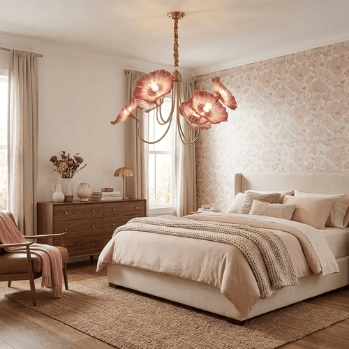 Chandelier, Frosted Leaf Glass Shades, Gold Frame, E27