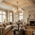 Chandelier, Frosted Leaf Glass Shades, Gold Frame, E27