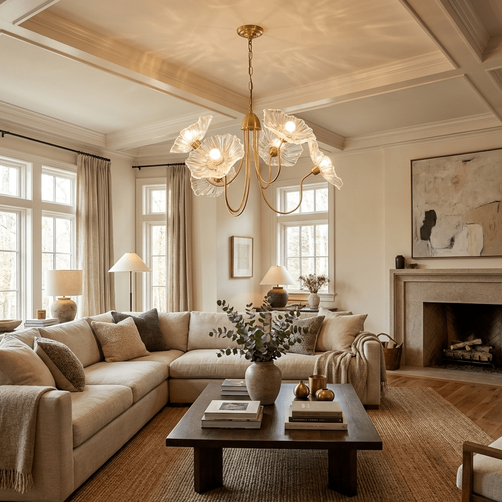 Chandelier, Frosted Leaf Glass Shades, Gold Frame, E27