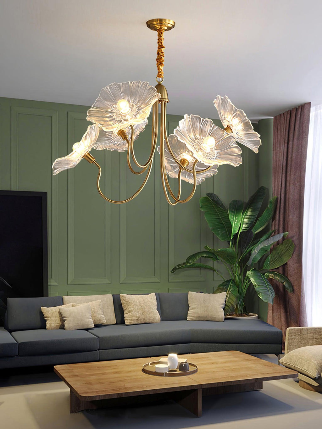 Chandelier, Frosted Leaf Glass Shades, Gold Frame, E27