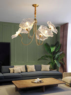 Chandelier, Frosted Leaf Glass Shades, Gold Frame, E27
