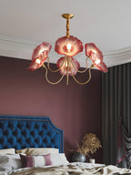 Chandelier, Frosted Leaf Glass Shades, Gold Frame, E27