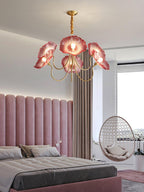 Chandelier, Frosted Leaf Glass Shades, Gold Frame, E27