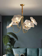 Chandelier, Frosted Leaf Glass Shades, Gold Frame, E27