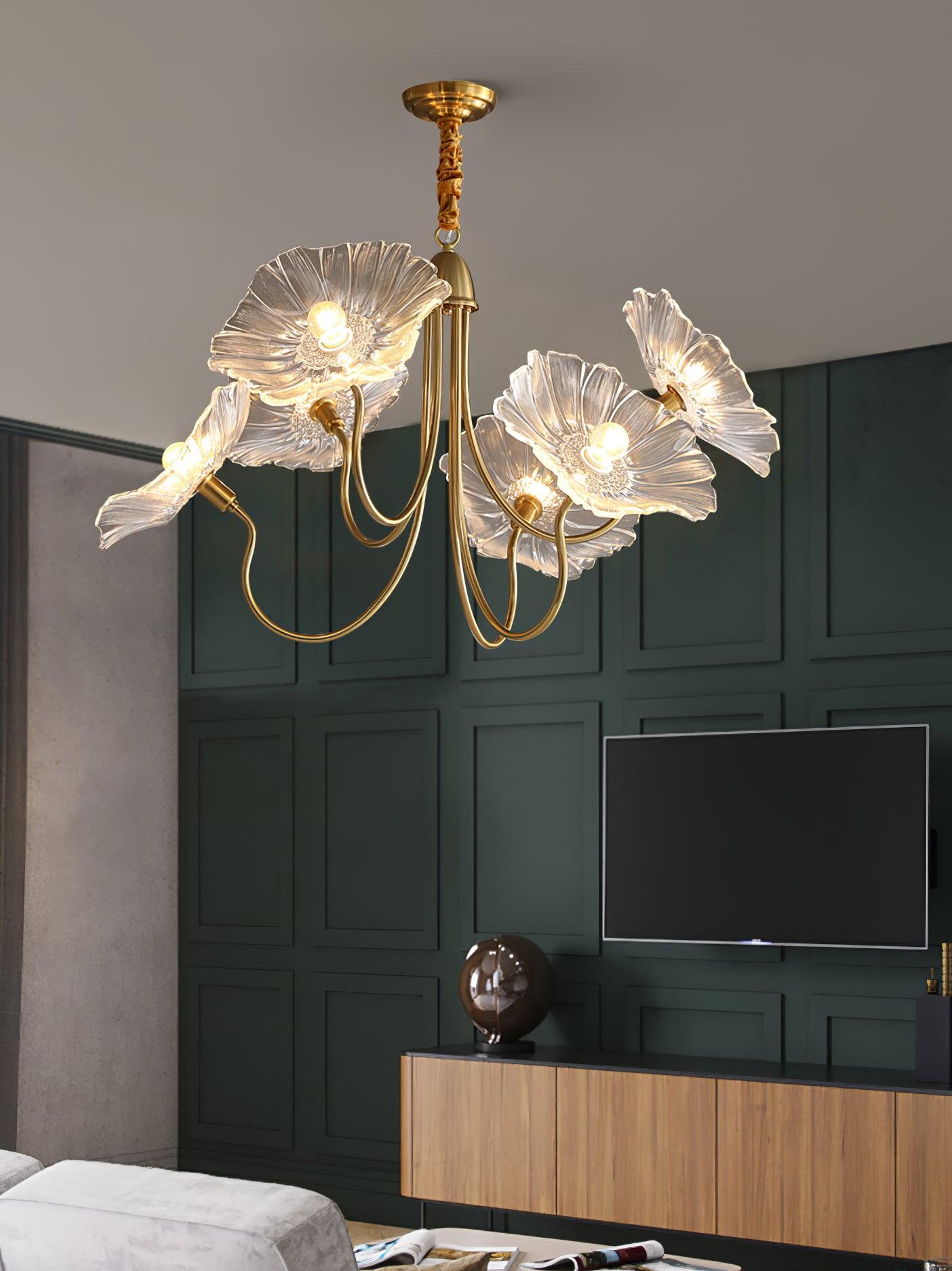 Chandelier, Frosted Leaf Glass Shades, Gold Frame, E27