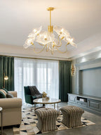 Chandelier, Frosted Leaf Glass Shades, Gold Frame, E27