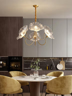 Chandelier, Frosted Leaf Glass Shades, Gold Frame, E27