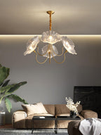 Chandelier, Frosted Leaf Glass Shades, Gold Frame, E27