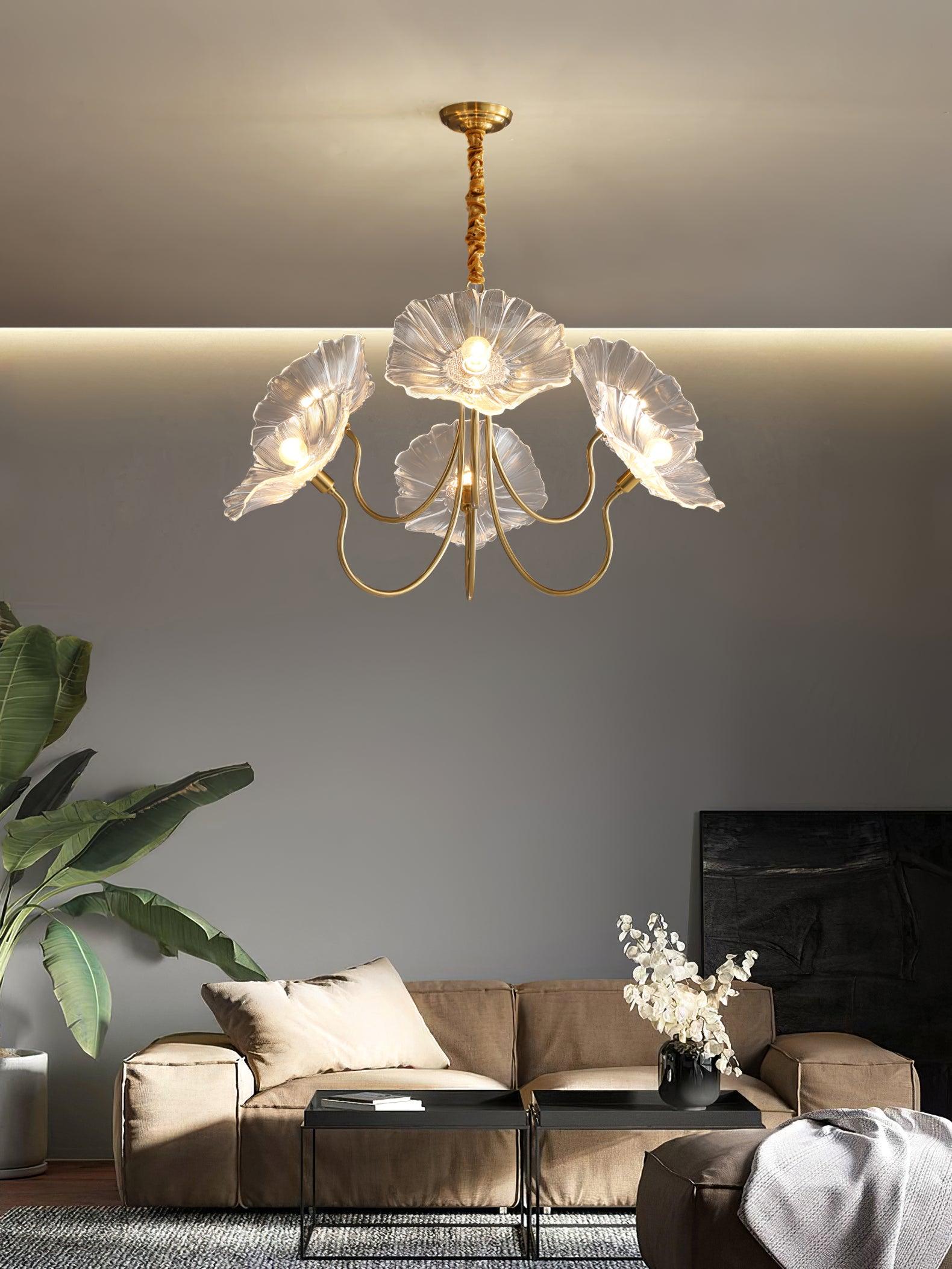 Chandelier, Frosted Leaf Glass Shades, Gold Frame, E27