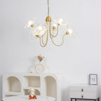 Chandelier, Frosted Leaf Glass Shades, Gold Frame, E27