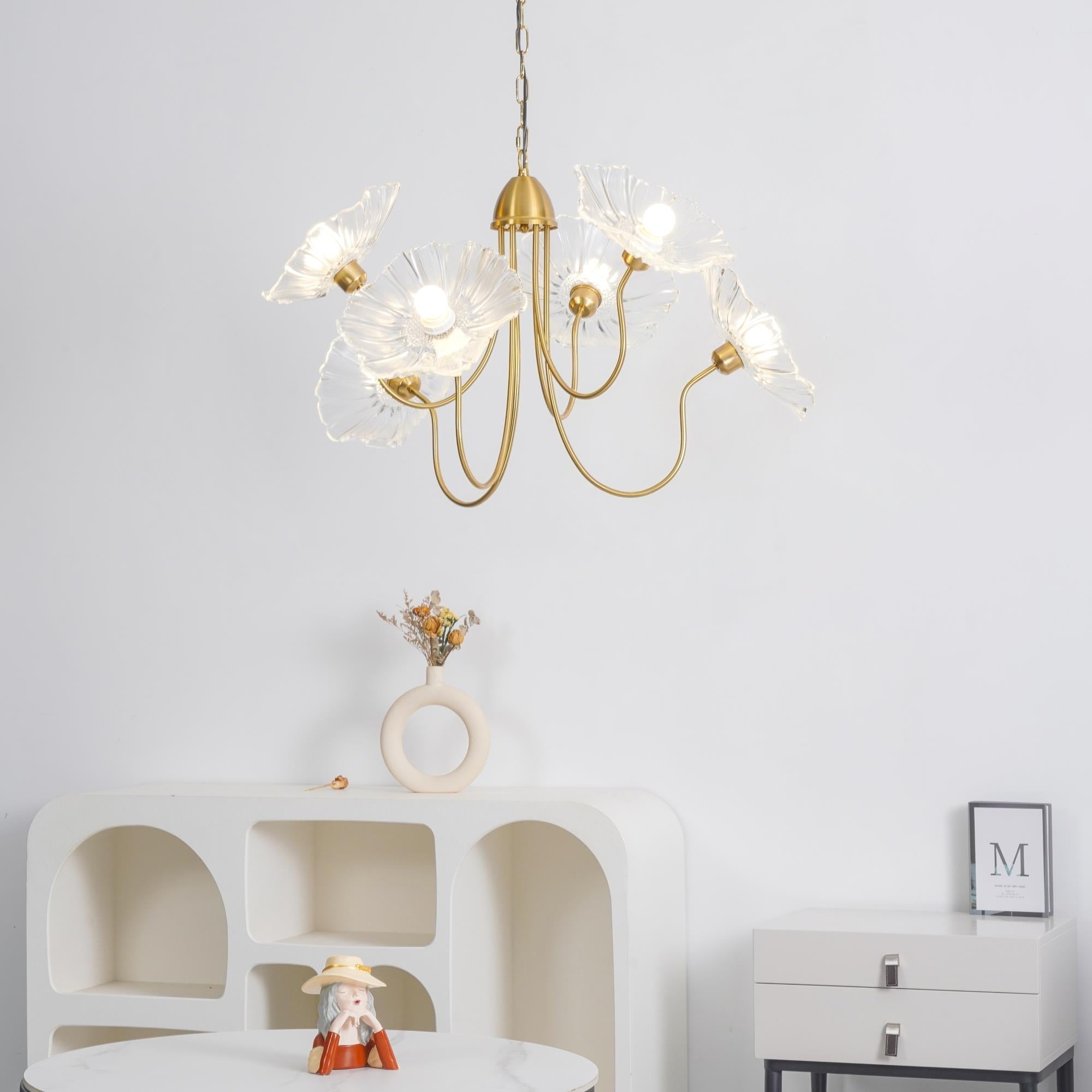 Chandelier, Frosted Leaf Glass Shades, Gold Frame, E27