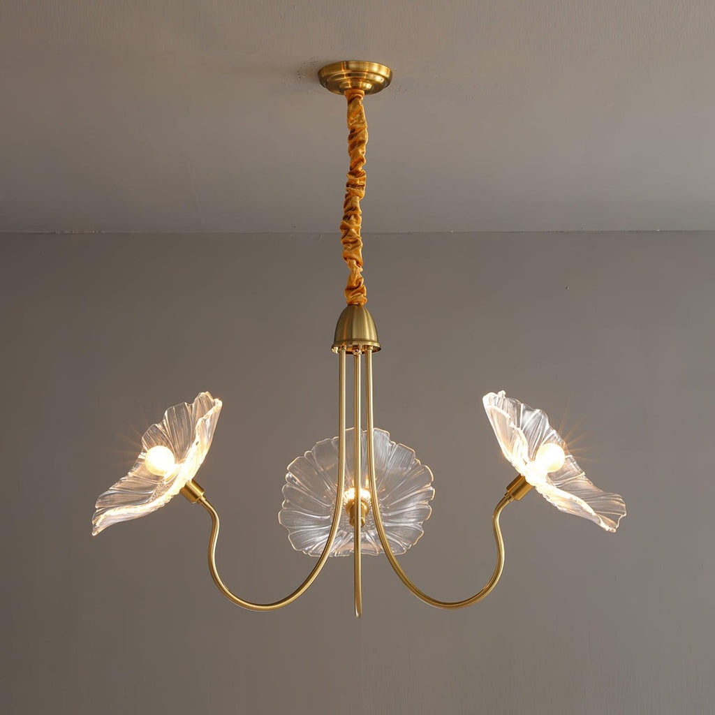 Chandelier, Frosted Leaf Glass Shades, Gold Frame, E27
