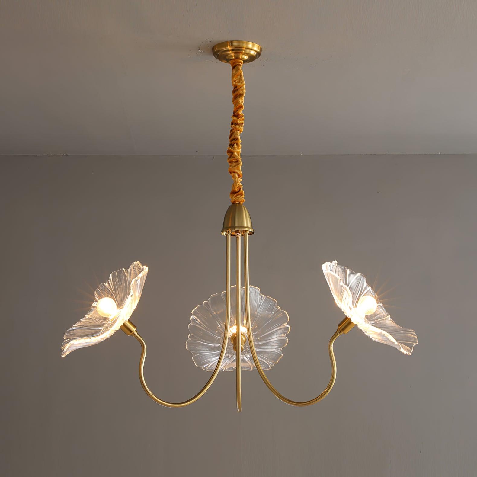 Chandelier, Frosted Leaf Glass Shades, Gold Frame, E27