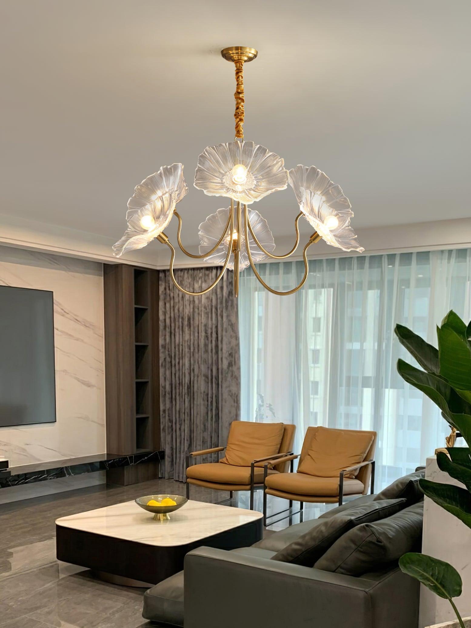 Chandelier, Frosted Leaf Glass Shades, Gold Frame, E27