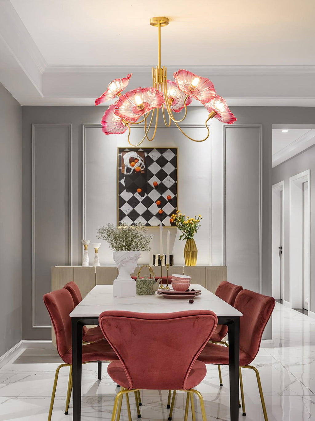 Chandelier, Frosted Leaf Glass Shades, Gold Frame, E27