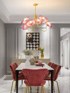Chandelier, Frosted Leaf Glass Shades, Gold Frame, E27