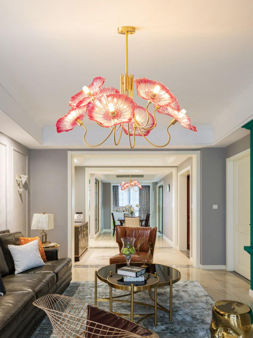 Chandelier, Frosted Leaf Glass Shades, Gold Frame, E27