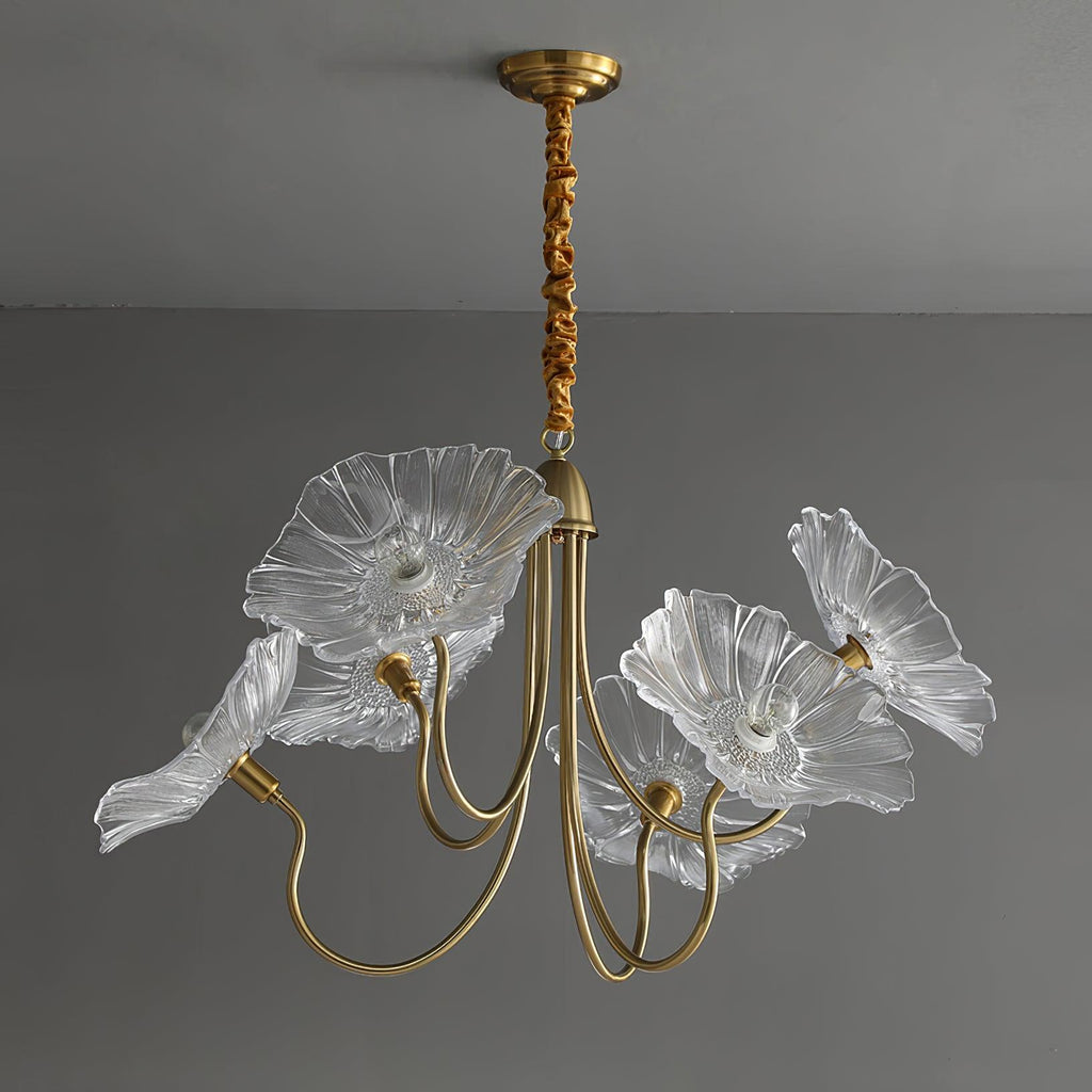 Chandelier, Frosted Leaf Glass Shades, Gold Frame, E27