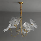 Chandelier, Frosted Leaf Glass Shades, Gold Frame, E27
