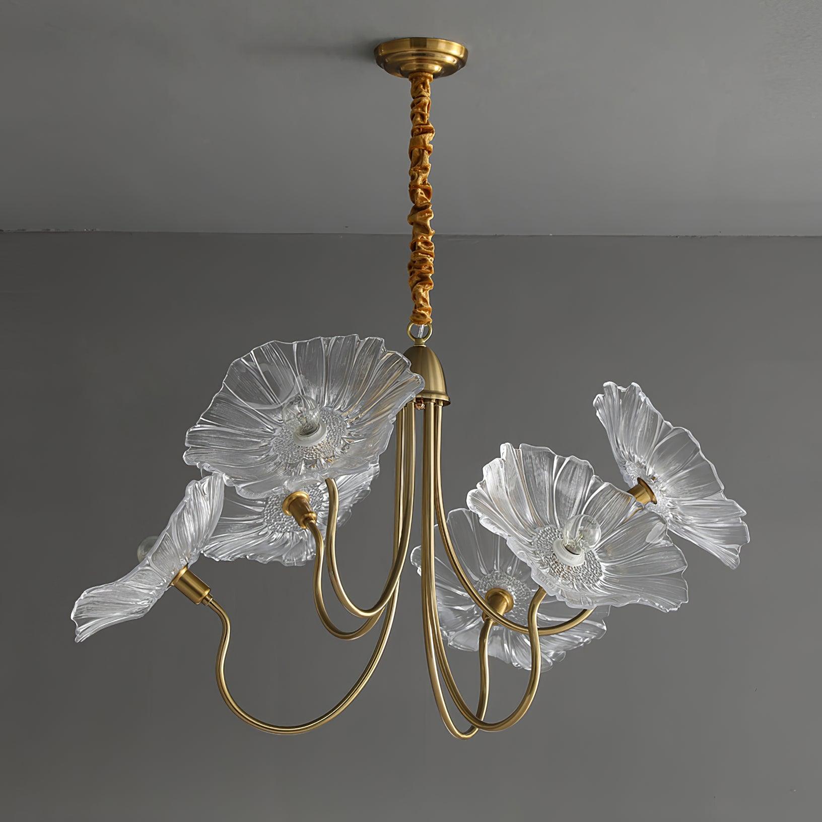 Chandelier, Frosted Leaf Glass Shades, Gold Frame, E27