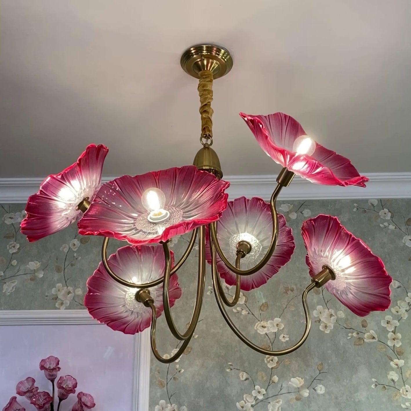 Chandelier, Frosted Leaf Glass Shades, Gold Frame, E27