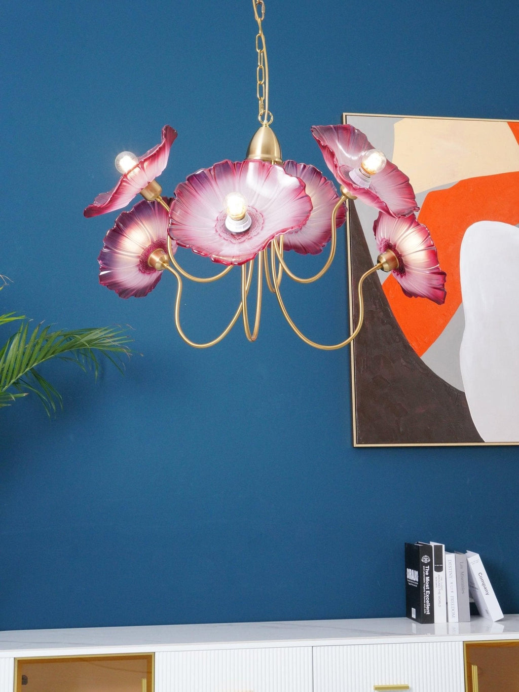 Chandelier, Frosted Leaf Glass Shades, Gold Frame, E27