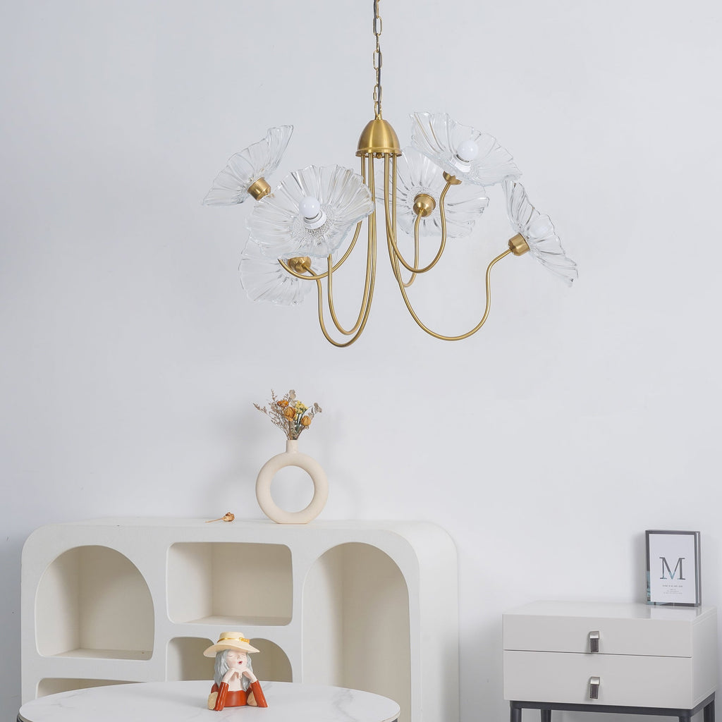 Chandelier, Frosted Leaf Glass Shades, Gold Frame, E27