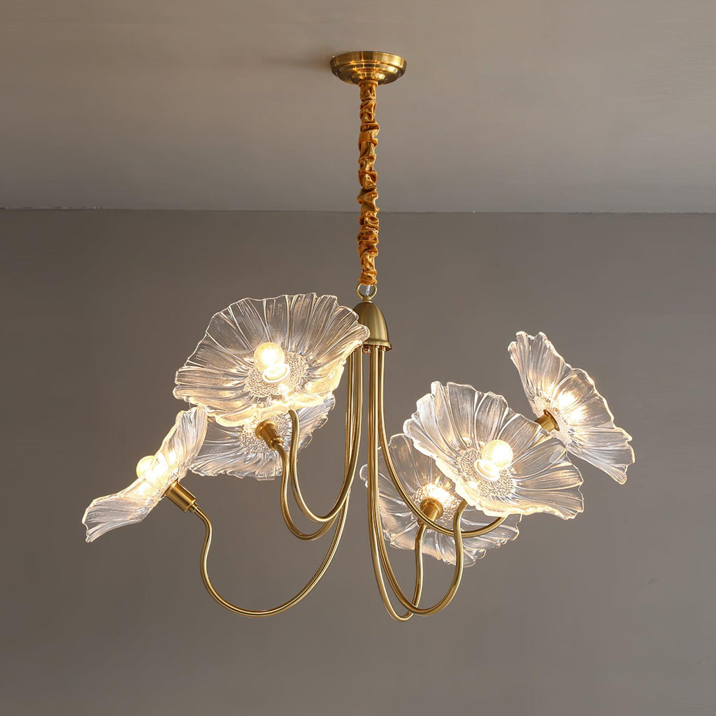 Chandelier, Frosted Leaf Glass Shades, Gold Frame, E27