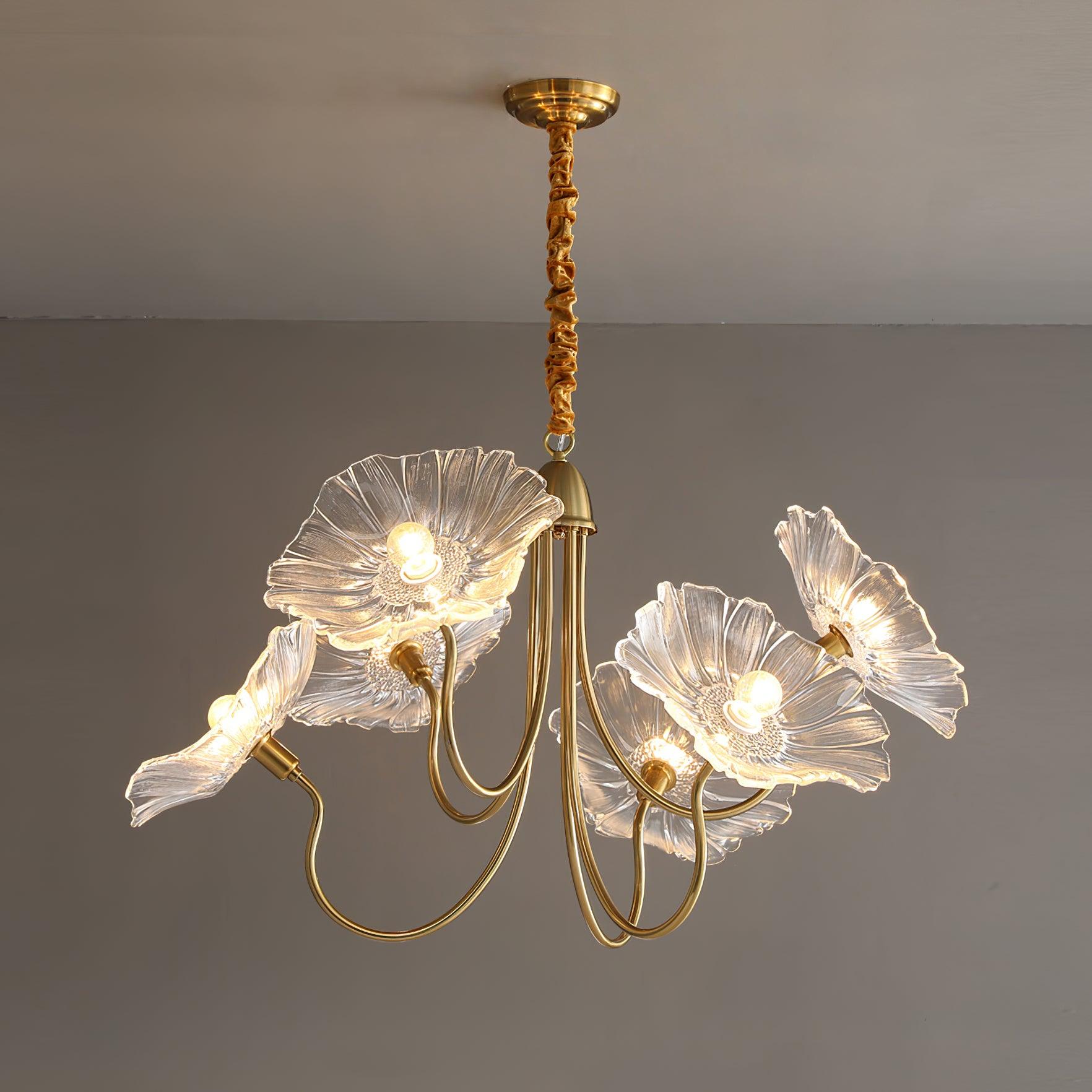 Chandelier, Frosted Leaf Glass Shades, Gold Frame, E27
