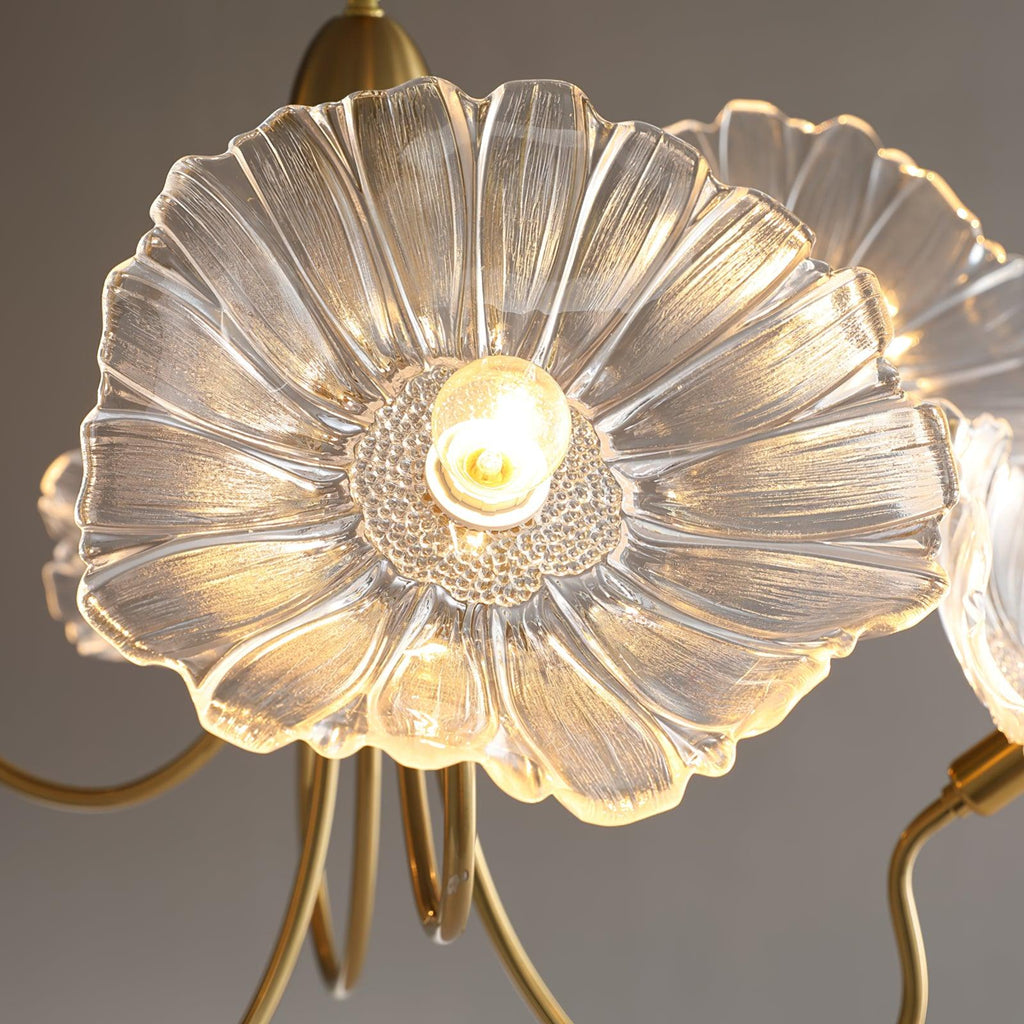 Chandelier, Frosted Leaf Glass Shades, Gold Frame, E27
