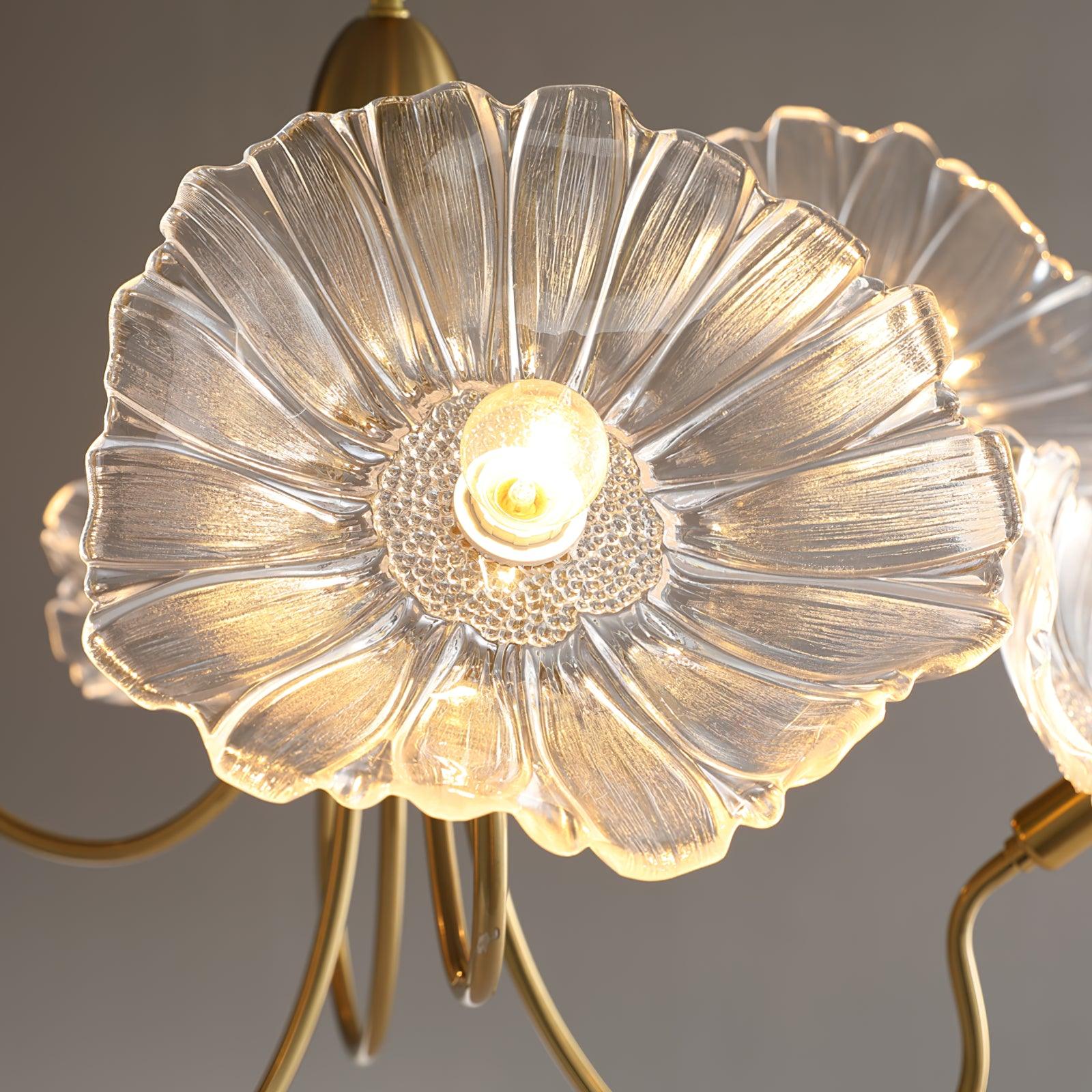 Chandelier, Frosted Leaf Glass Shades, Gold Frame, E27
