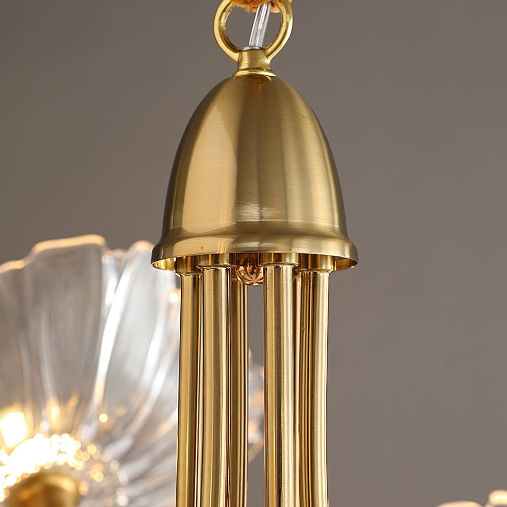 Chandelier, Frosted Leaf Glass Shades, Gold Frame, E27