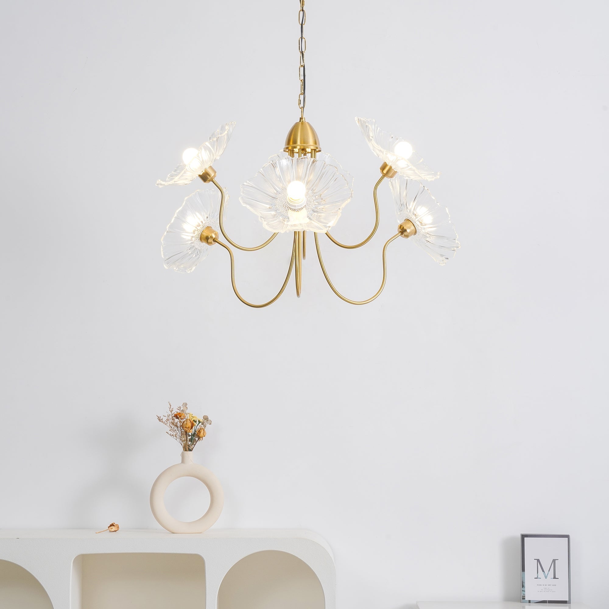 Chandelier, Frosted Leaf Glass Shades, Gold Frame, E27