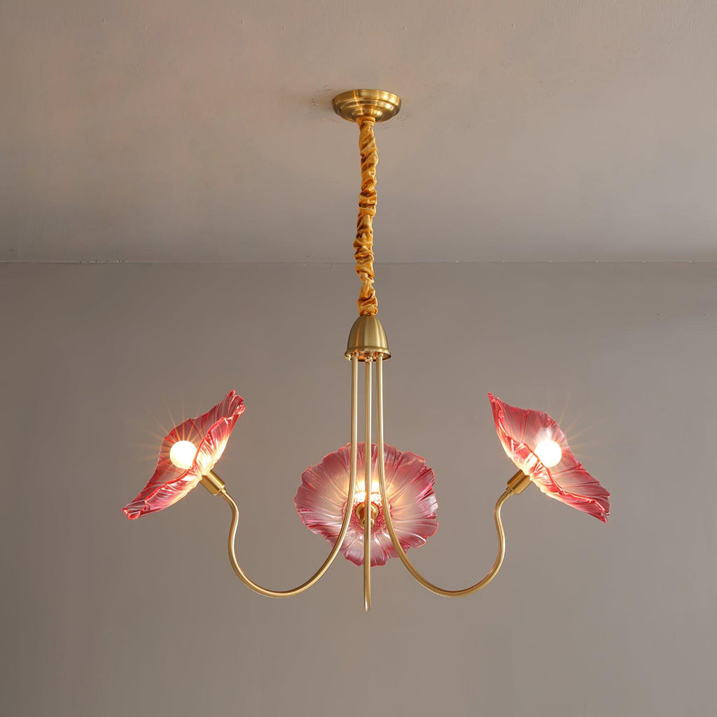 Chandelier, Frosted Leaf Glass Shades, Gold Frame, E27