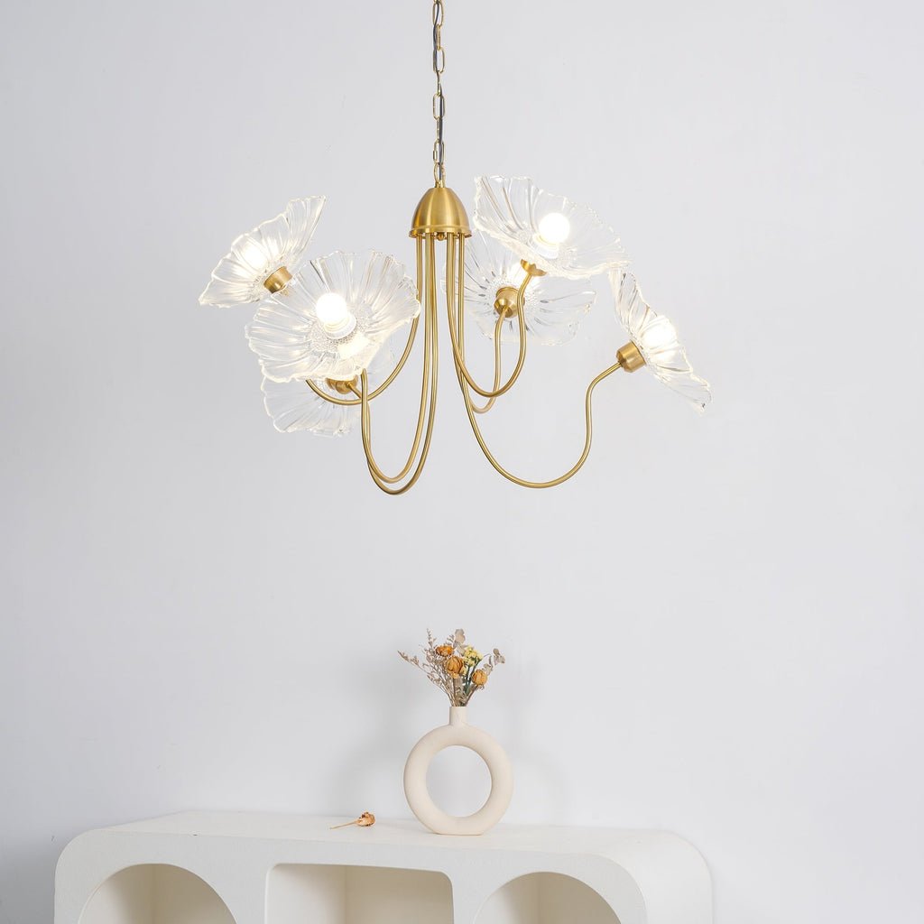 Chandelier, Frosted Leaf Glass Shades, Gold Frame, E27
