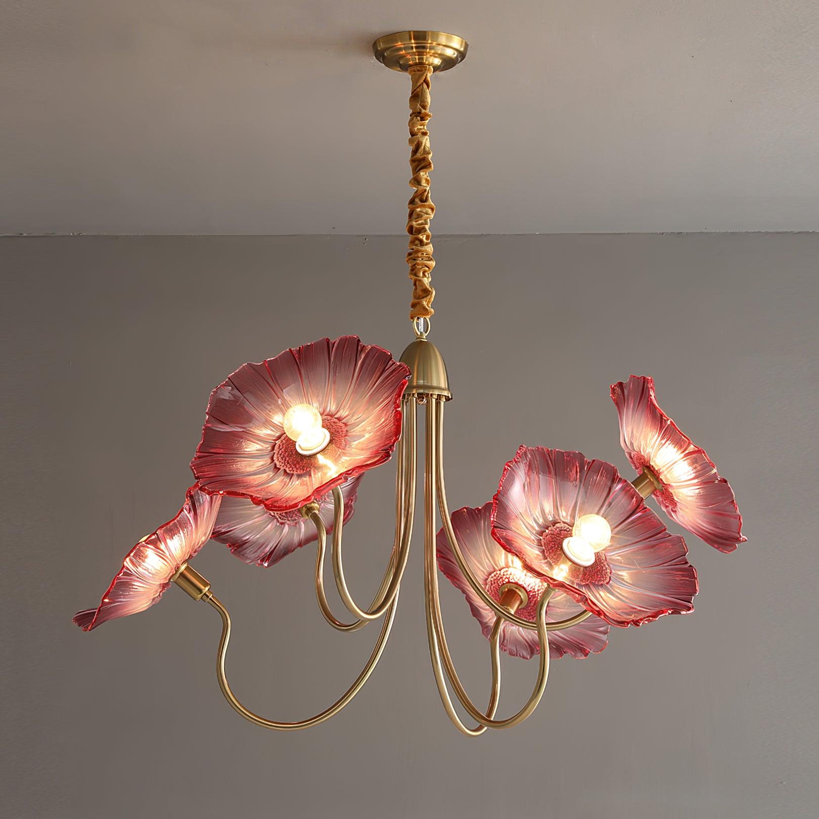 Chandelier, Frosted Leaf Glass Shades, Gold Frame, E27