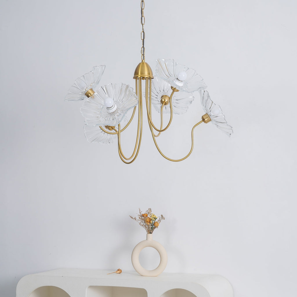 Chandelier, Frosted Leaf Glass Shades, Gold Frame, E27
