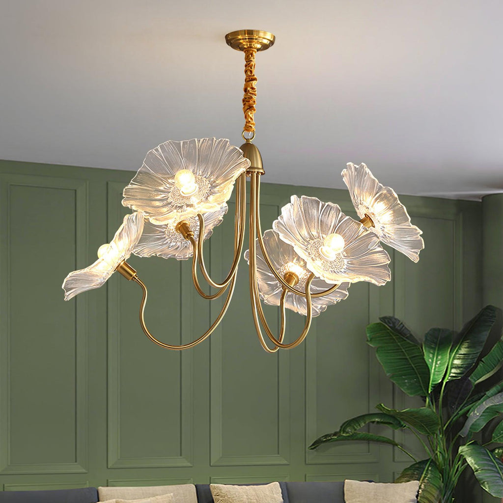 Chandelier, Frosted Leaf Glass Shades, Gold Frame, E27