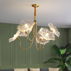 Chandelier, Frosted Leaf Glass Shades, Gold Frame, E27