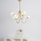 Chandelier, Frosted Leaf Glass Shades, Gold Frame, E27
