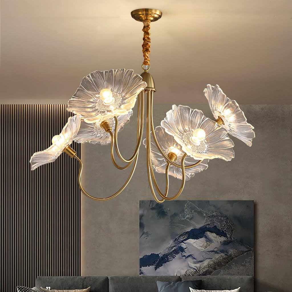 Chandelier, Frosted Leaf Glass Shades, Gold Frame, E27