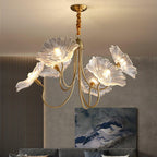 Chandelier, Frosted Leaf Glass Shades, Gold Frame, E27