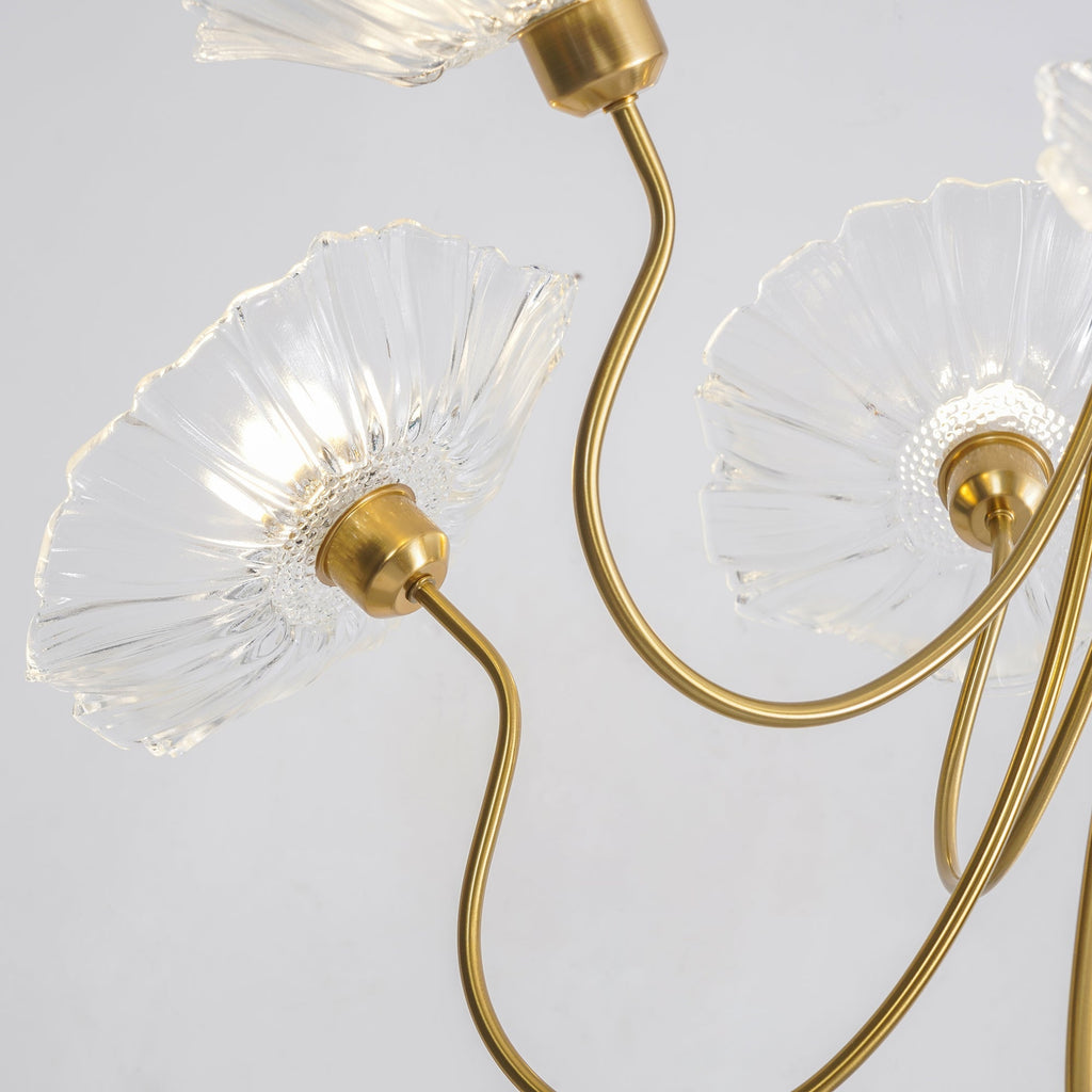 Chandelier, Frosted Leaf Glass Shades, Gold Frame, E27