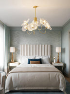 Chandelier, Frosted Leaf Glass Shades, Gold Frame, E27