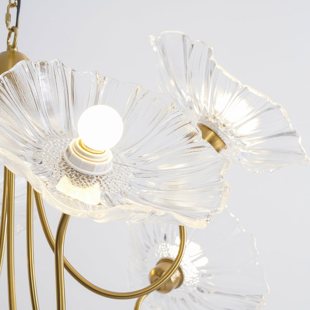 Chandelier, Frosted Leaf Glass Shades, Gold Frame, E27