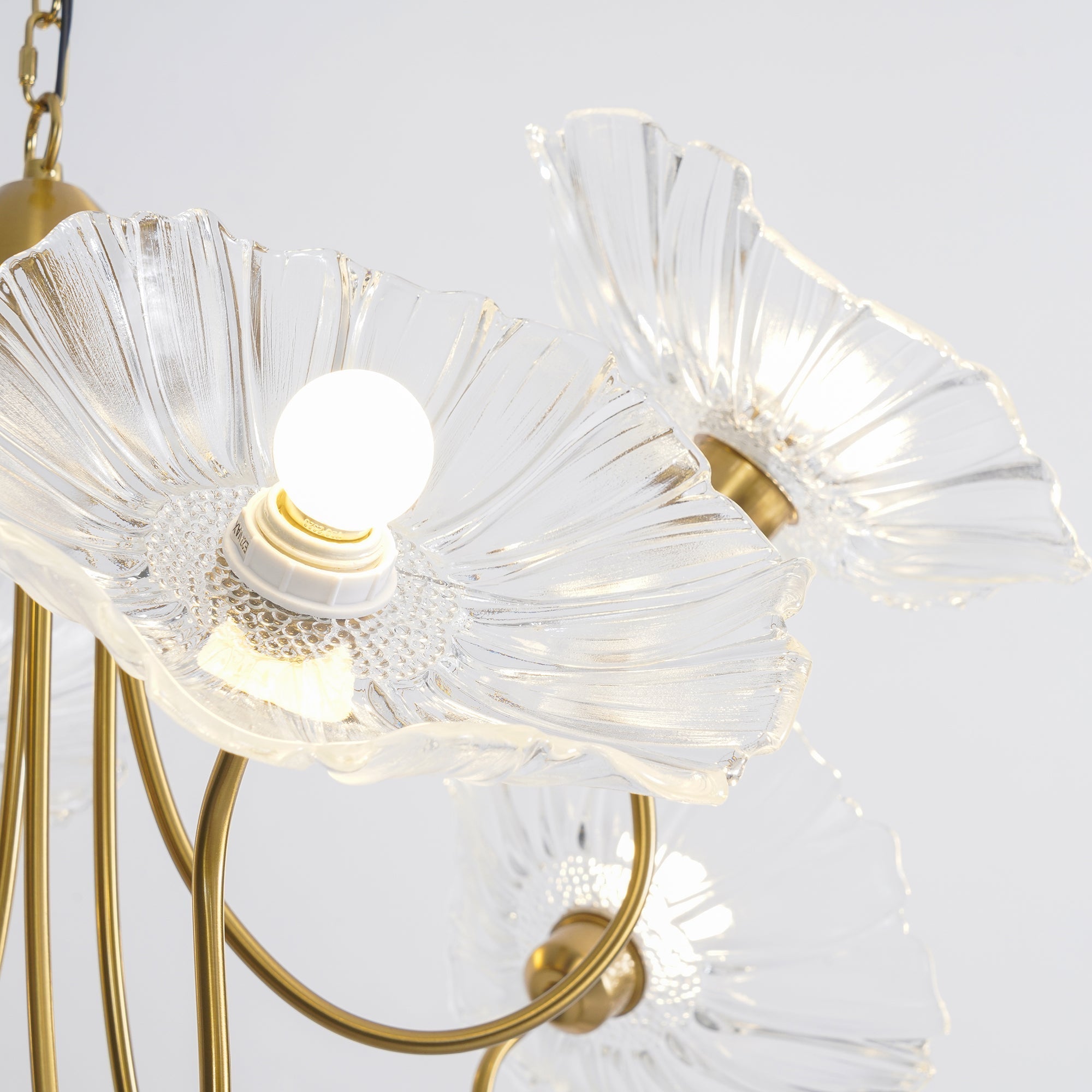 Chandelier, Frosted Leaf Glass Shades, Gold Frame, E27